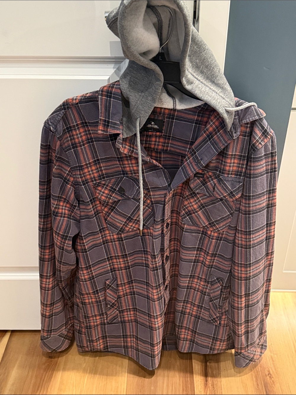 Rip Curl Plaid Utility Jacket with Gray Hood - Gray & Red